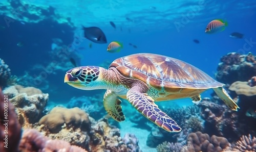  a turtle swimming over a coral reef with other fish in the water behind it and a coral reef in the foreground with a school of fish in the background. generative ai