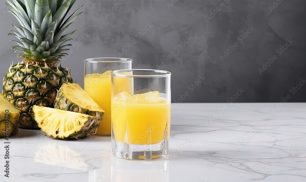 a glass of orange juice next to a pineapple on a counter top with a half of a pineapple on the side of the glass. generative ai a glass of orange juice next to a pineapple on a counter top with a half of a pineapple on the side of the glass. generative ai
