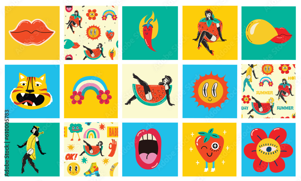 Collection multicolored vintage pop art summer stickers elements decorative design vector illustration. Set groovy style girls, strawberry, sun, sunglasses, rainbow arch