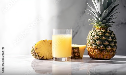  a glass of orange juice next to a pineapple on a counter top with a half of a pineapple on the side of the glass. generative ai