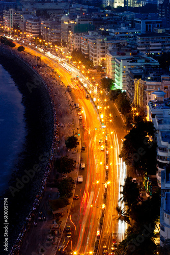 Aerial view of Marine Drive at night, Mumbai, Maharashtra, India