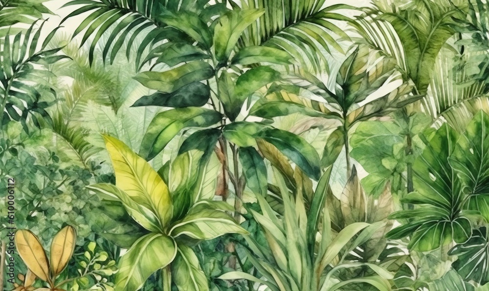  a painting of a jungle with lots of green plants and plants in the foreground, and a brown bear in the middle of the picture.  generative ai