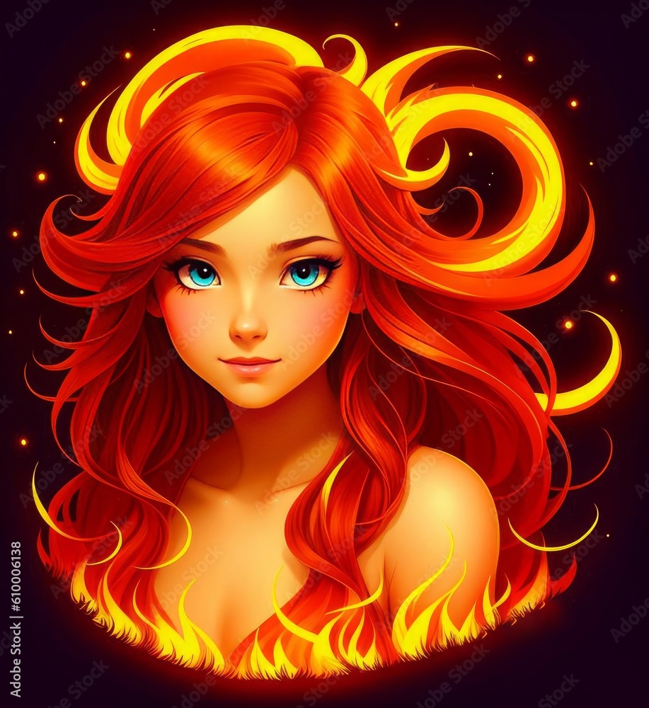 A girl with long red hair and a fiery body, fantasy art, Generative AI Art Illustration 09
