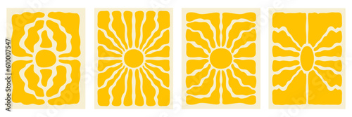 Vertical retro set groovy backgrounds with bright sunburst in style 60s, 70s. Trendy colorful graphic print. Vector illustration