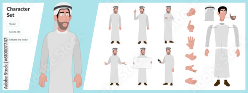 Illustration of middle eastern man, wearing traditional clothing in a set of multiple poses. Easy to edit with editable line strokes and isolated on white background. Suitable for animation.