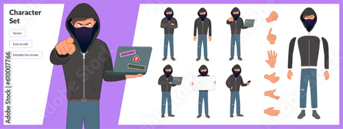 Illustration of a mystery hacker, wearing a hoodie in a set of multiple poses. Easy to edit with editable line strokes and isolated on white background. Suitable for animation.