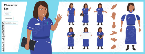 Illustration of female NHS worker, wearing blue nurse outfit in a set of multiple poses. Easy to edit with editable line strokes and isolated on white background. Suitable for animation.