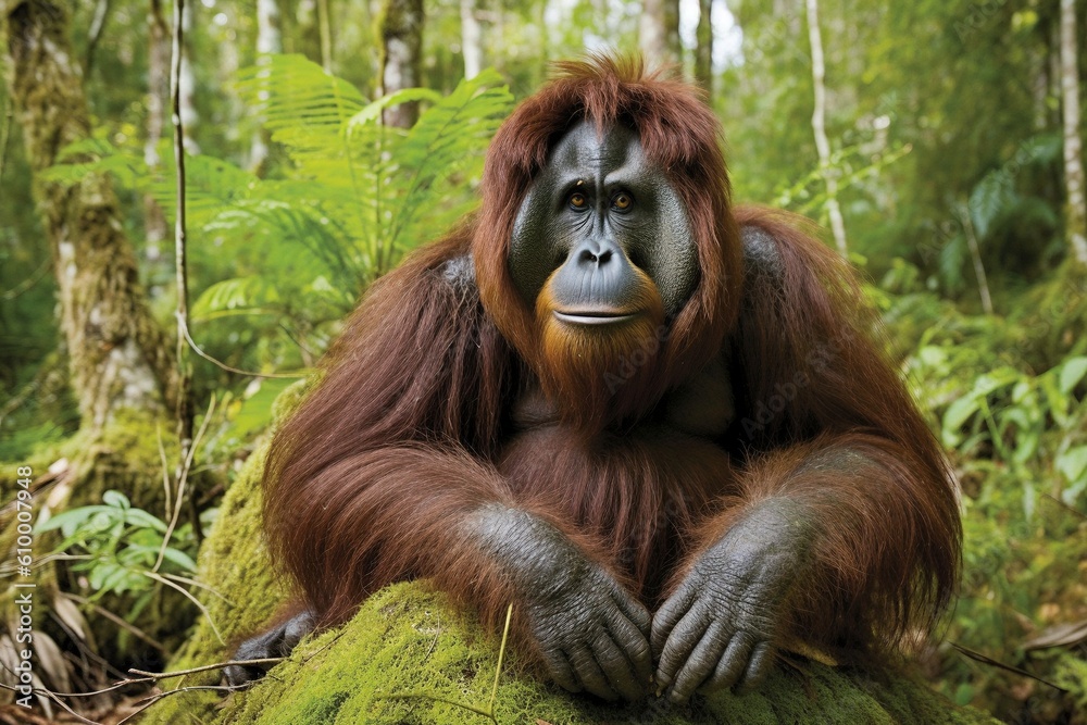 Large Dark-Haired Orangutan Sitting in Lush Green Forest - AI Generative