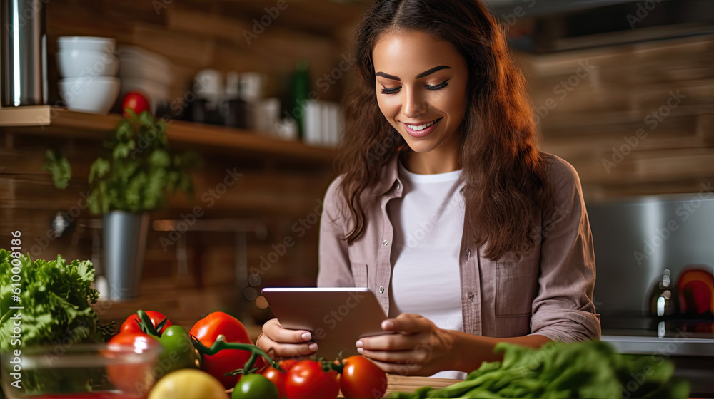Blonde woman using a tablet computer to cook in her kitchen Generative AI