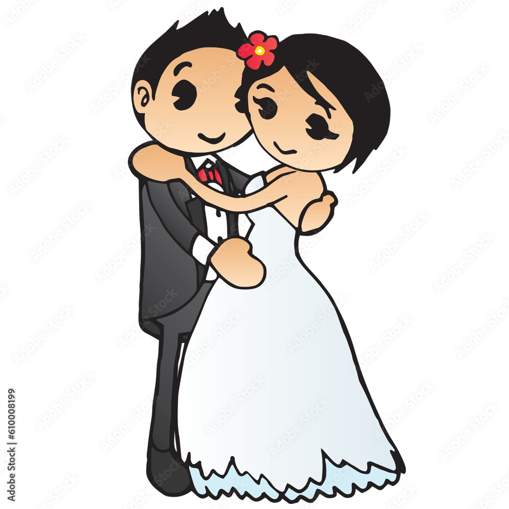 Cute Wedding Couple Mascot happy hugs dancing Cute Wedding Couple Mascot happy hugs dancing