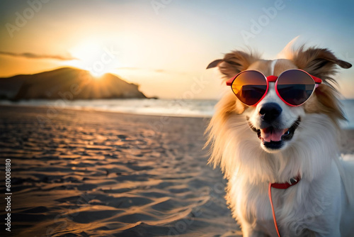 Dog with sunglasses on the beach at sunset, travel and vacation concept © Alber GB