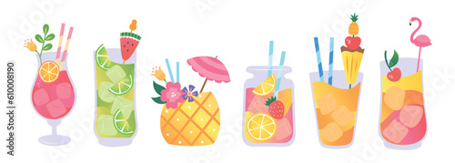 Summer fresh drinks. Tropical flavor juice, ice tea and citrus lemonade in bottle glasses or jar. Alcoholic fruit beach beverages, neoteric vector cartoon signs