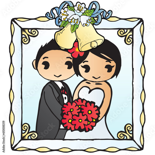 Cute Wedding Couple Mascot In Pictor Frame photo