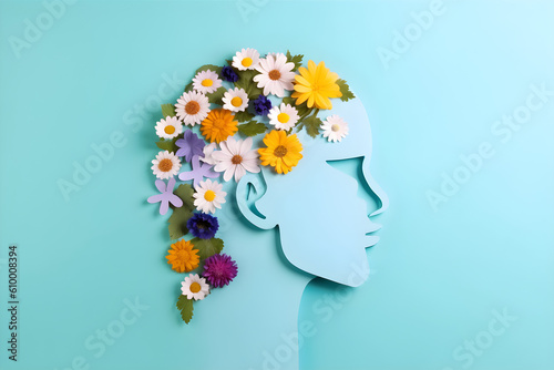 Human head icon and flowers on blue background. world mental health day concept 