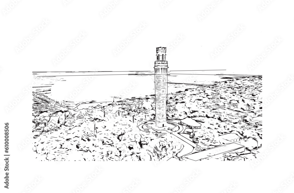 Obraz premium Building view with landmark of Provincetown is the town in Massachusetts. Hand drawn sketch illustration in vector.