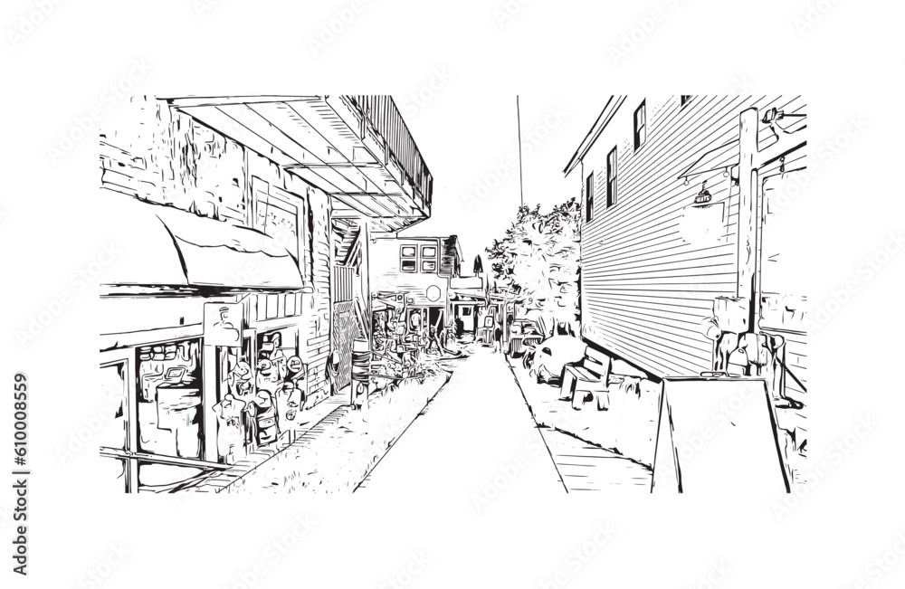 Building view with landmark of Provincetown is the town in Massachusetts. Hand drawn sketch illustration in vector. Building view with landmark of Provincetown is the town in Massachusetts. Hand drawn sketch illustration in vector.