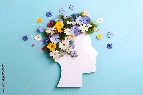 Human head icon and flowers on blue background. world mental health day concept  © VIX