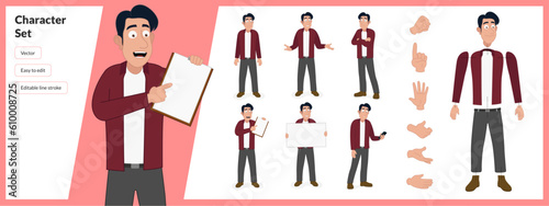 Illustration of middle aged man, wearing business casual clothing in a set of multiple poses. Easy to edit with editable line strokes and isolated on white background. Suitable for animation.