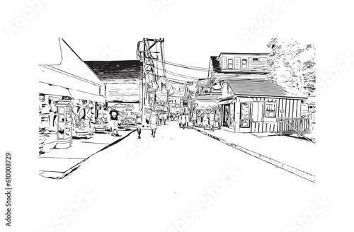 Building view with landmark of Provincetown is the town in Massachusetts. Hand drawn sketch illustration in vector.