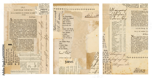 set / collection of paper collage backgrounds made of antique documents with han Fototapet