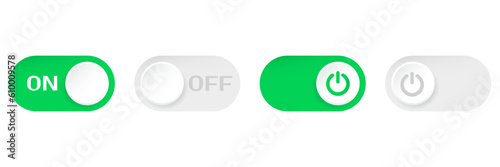 Realistic toggle button switches, icon set of buttons or sliders in ON and OFF positions Vector illustration. - Stock vector