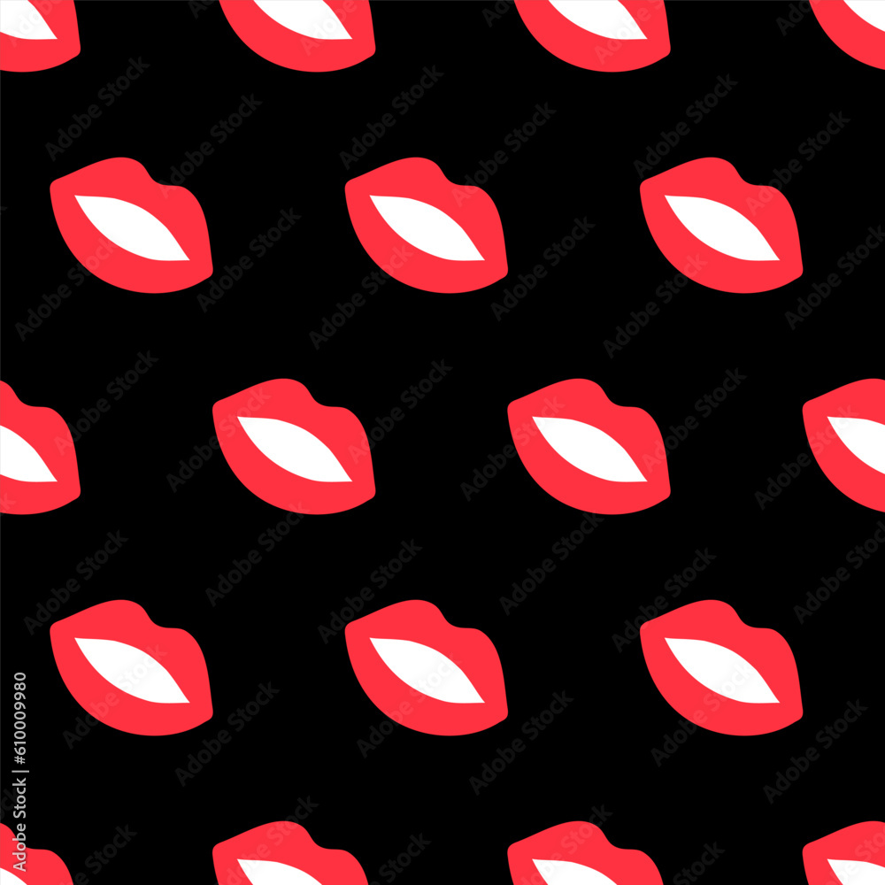 Red lips doodle seamless pattern. Simple plump mouth, slight smile. Vector illustration isolated on black background Red lips doodle seamless pattern. Simple plump mouth, slight smile. Vector illustration isolated on black background