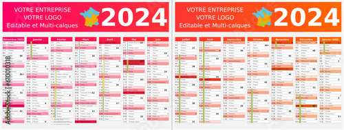 Calendrier 2024 14 mois au format 320 x 420 mm recto verso entièrement modifiable via calques et texte sans serif - vacances officielles