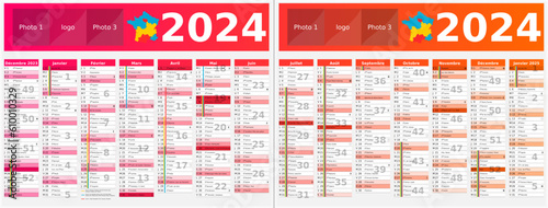 Calendrier 2024 14 mois au format 320 x 420 mm recto verso entièrement modifiable via calques et texte sans serif - vacances officielles