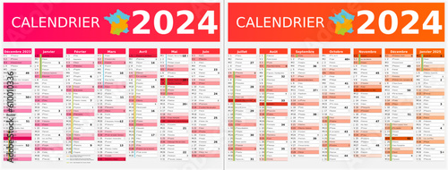 Calendrier 2024 14 mois au format 320 x 420 mm recto verso entièrement modifiable via calques et texte sans serif - vacances officielles