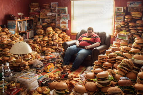 Fat guy sitting on armchair inside a room full of hamburgers and junk food. Generative AI.