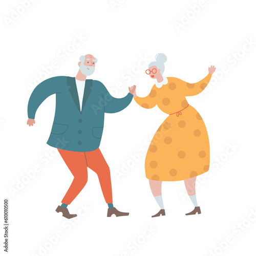 Old couple dancing funny dancing. Dance class for elderly. Isolated hand drawn flat vector illustration.