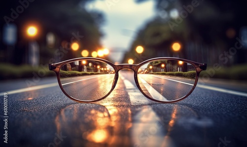  a pair of glasses sitting on the side of a road with street lights in the background and a reflection of the glasses on the ground. generative ai