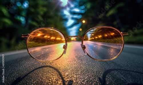  a pair of glasses sitting on the side of a road with trees in the backgrouund and lights in the backgrouund.  generative ai photo