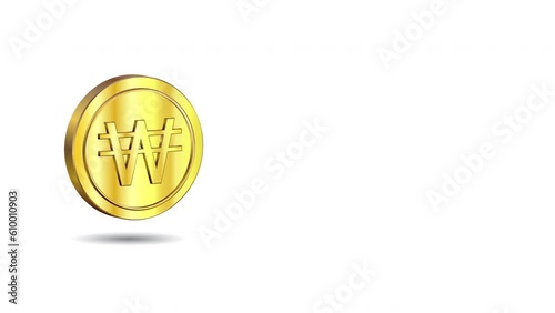 Video Animation Template of Gold 3D Coin with Won South Korean Currency Symbol with White Background and Text Space. Easy to use in presentations, social media posts, or websites