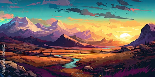 An Illustration of Landscape with Mountain Background - Prairiecore and Realistic Color Schemes Backdrop - Landscape Art Illustration created with Generative AI Technology photo