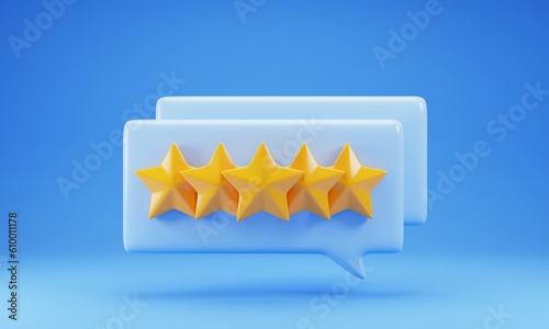 3d rendering speech bubble with star icon isolated on blue background. Rating icon concept. 3d illustration