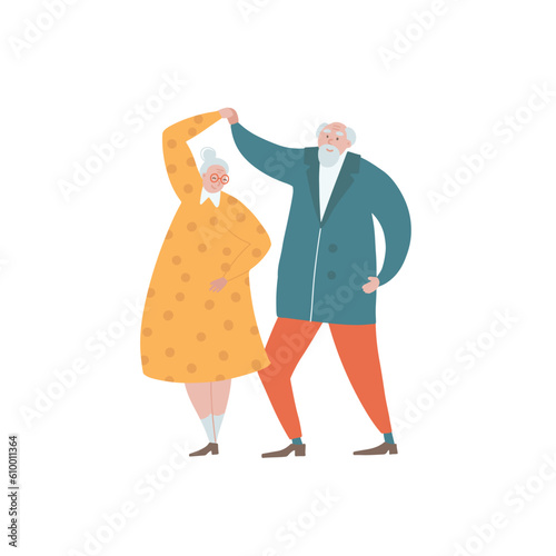 Elderly couple dance concept. Active lifestyle of senior man woman. Dancing old people. Dance class for elderly persons. Happy retired people, pensioners. Isolated hand drawn flat vector illustration.