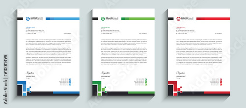 Abstract Professional corporate official business letterhead template design. Professional company brand stationary identity and cover layout template with red, blue, and green colors.