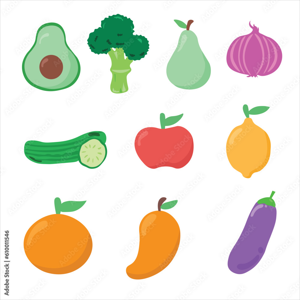 Set of colorful fruit icons Avocado, Broccoli, Peach, Cucumber, Apple, Mango, Lemon, Eggplant, Fragrant Set of colorful fruit icons Avocado, Broccoli, Peach, Cucumber, Apple, Mango, Lemon, Eggplant, Fragrant