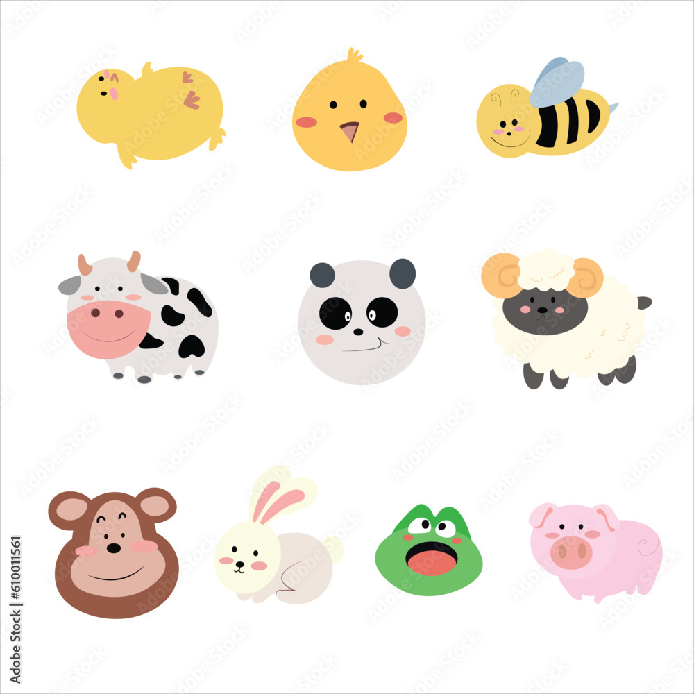 Set of vector animal faces. Illustrations of cute animal heads. Smiling animals. Children cartoons. 