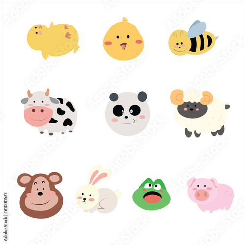 Set of vector animal faces. Illustrations of cute animal heads. Smiling animals. Children cartoons. 