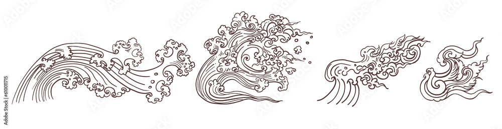 Line Thai wave tattoo.Japanese wave vector set and thai style. Line Thai wave tattoo.Japanese wave vector set and thai style.