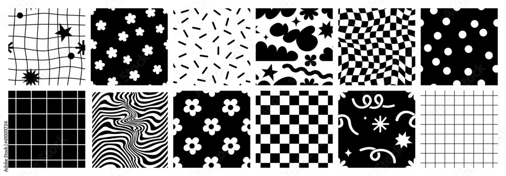 Cute cartoon flower and vase seamless pattern set. Daisy floral organic form and other elements in trendy playful cartoon style. Vector chessboard and abstract background.