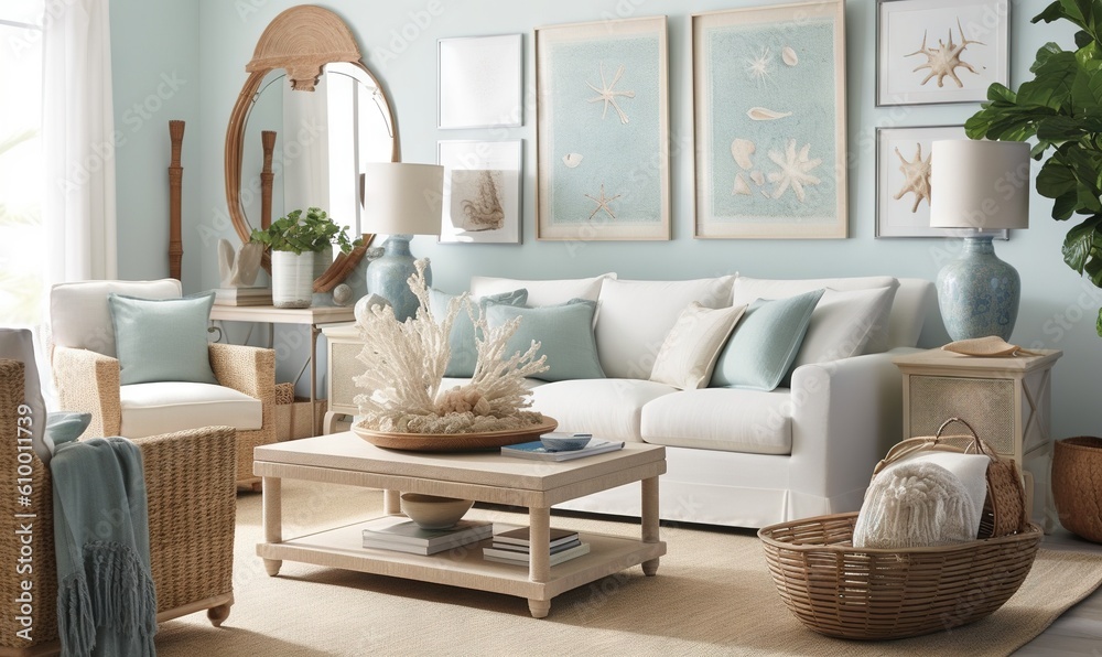 Fototapeta premium a living room filled with furniture and a large mirror on the wall above the couch and a table with a basket on top of it. generative ai