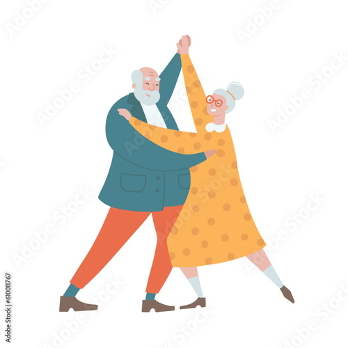Senior couple people dancing tango together. Elder man and woman dancing latino romantic dance. Concept of romance and leisure of grandma and grandpa on pension. Hand drawn flat vector illustration.