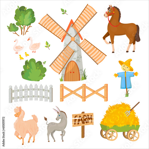 Donkey, Horse, Llama or Alpaca, Sheep, Cow, Goat and Pig. Farm animals and buildings. Mill. Barn. Cattle breeding Vector illustration isolated on white background.