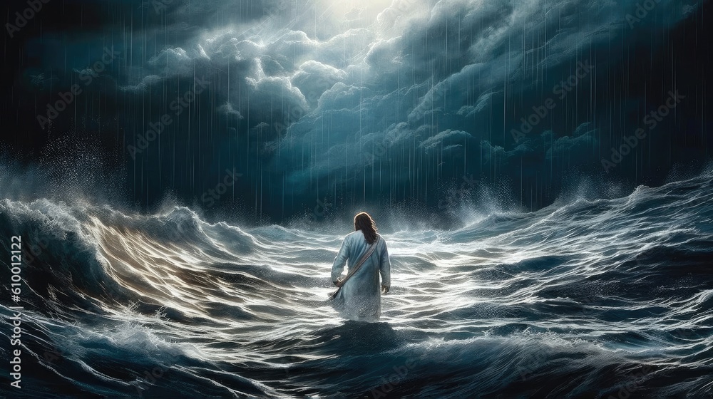 Obraz premium Painting of Jesus walking on water the miracle according to the gospel Generative AI Illustration