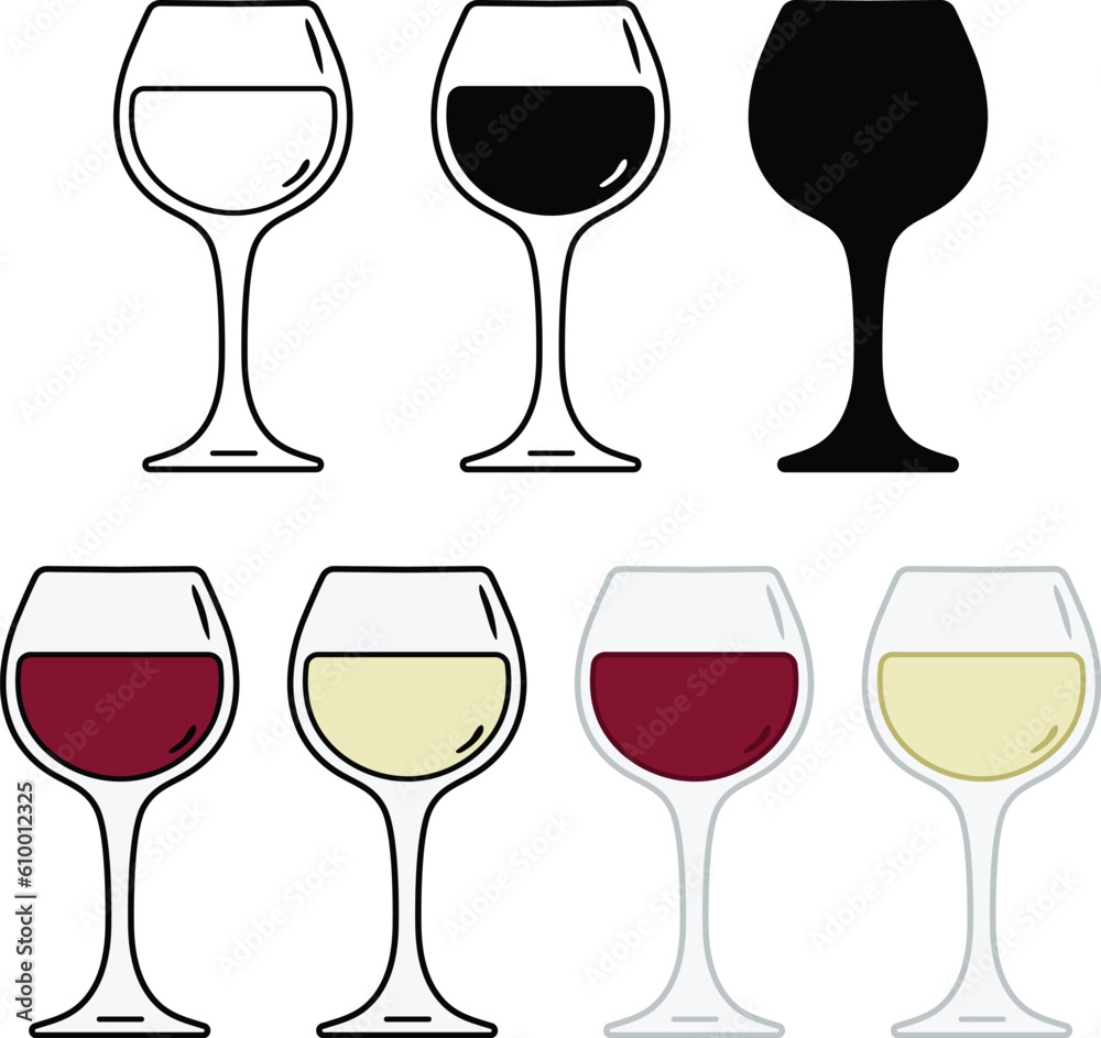 Wine Glass with White and Red Wine Clipart - Outline, Silhouette & Color Wine Glass with White and Red Wine Clipart - Outline, Silhouette & Color