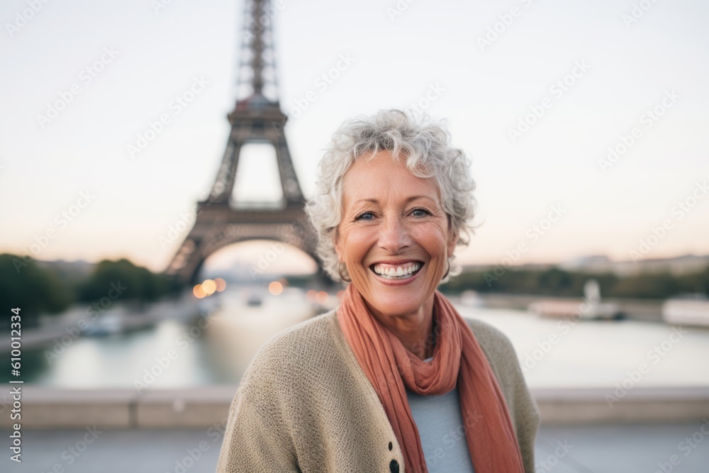 Portrait of smiling senior woman with Eiffel tower in background
