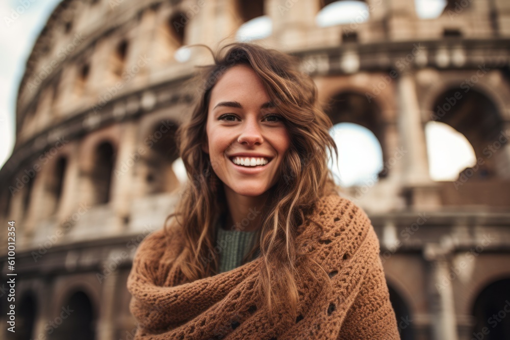 Portrait of a smiling young woman in a warm sweater standing in front of Colosseum in Rome, Italy